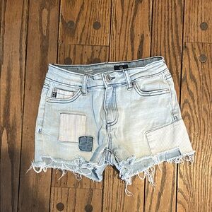 Ag Adriano Goldschmied Light Blue Distressed Patchwork Denim Shorts